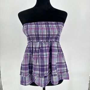 Y2K‎ Mossimo Supply Purple Strapless Plaid Peplum Smocked Ruffle Tube Top Large